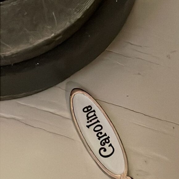 1” silver tone and white enamel charm/pendant embossed “Caroline” & jump hoop - Picture 7 of 9